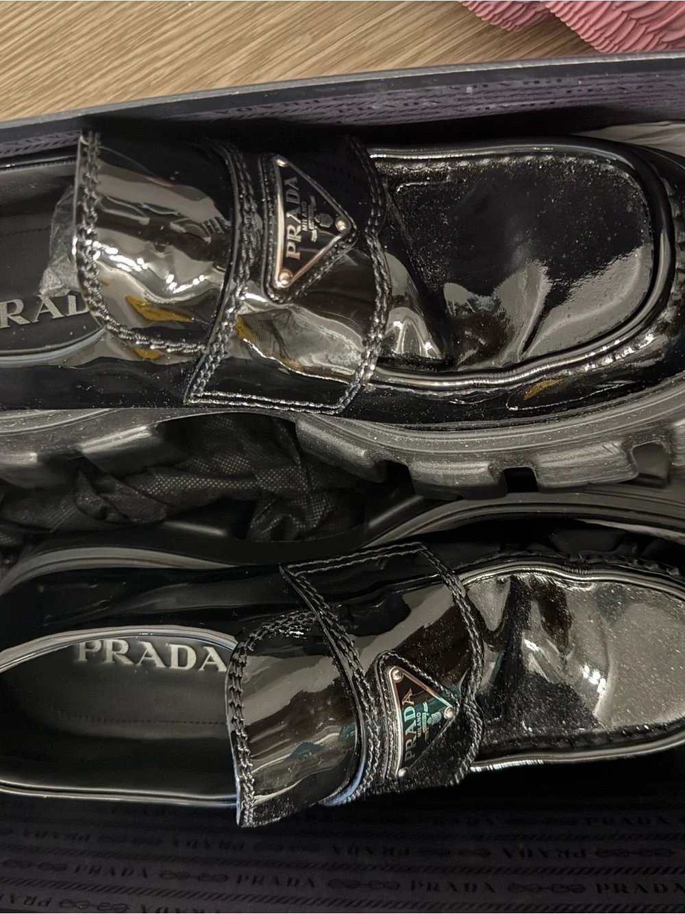 Prada Black Patent Leather Lug Sole Slip-On Loafers